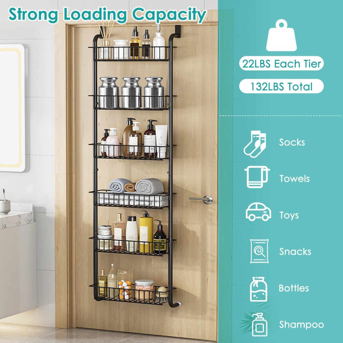 1Pc 6 Tier Over Door Pantry Organizer Hanging Hooks Door Storage Rack Carbon Steel Basket 62.99in Over Door Shelf For Kitchen Bathroom - Image 6