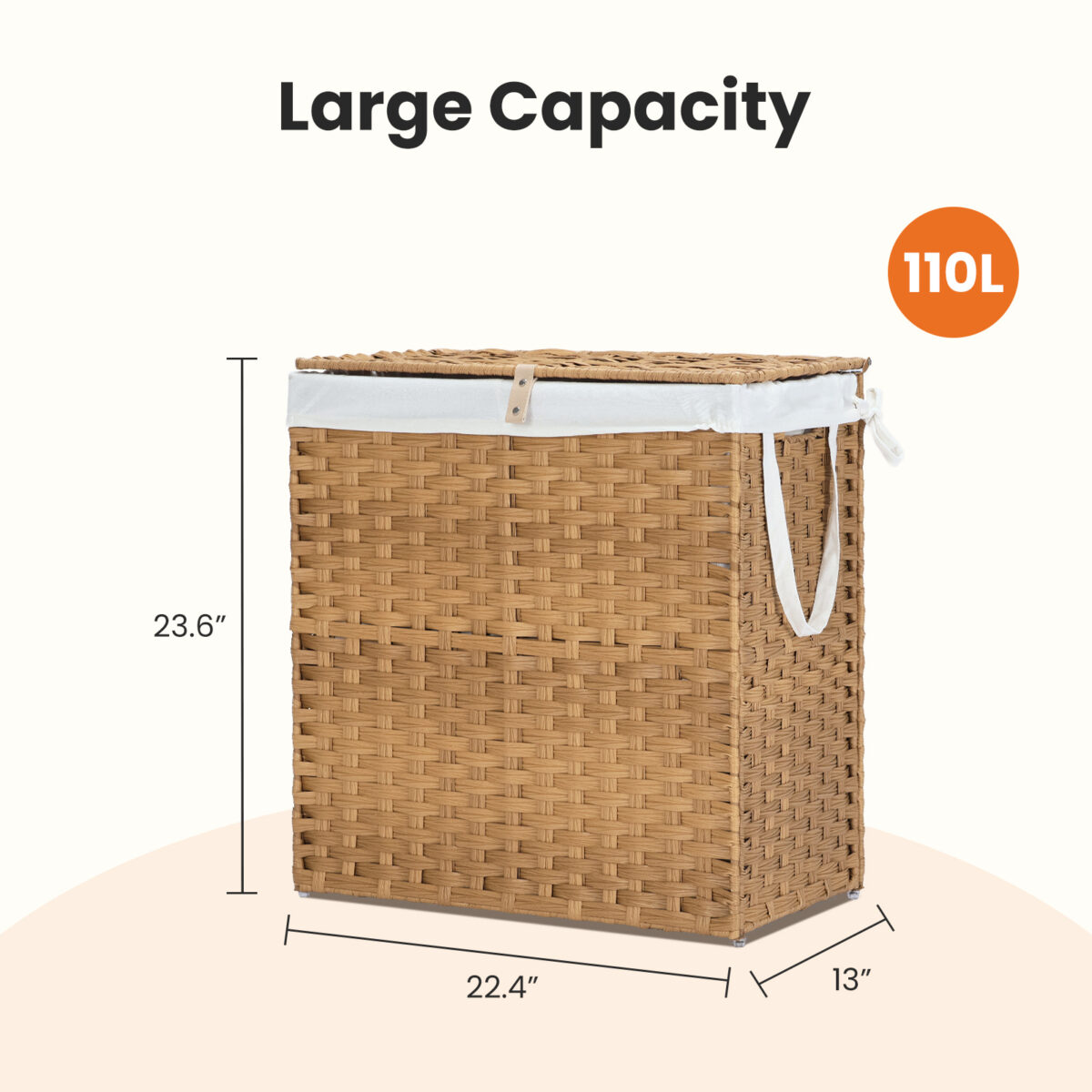 Laundry Basket With Lid, 110 L Hand-Woven Pp Rattan Laundry Basket With Compartments & Handles, Foldable, Removable Liner - Image 5