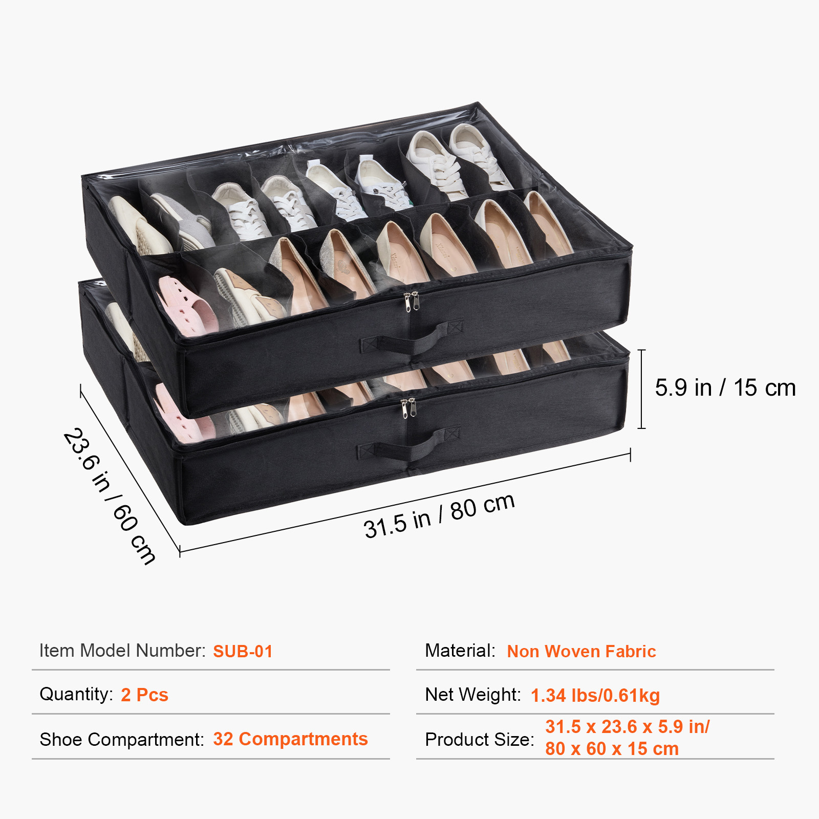 2c2ce1b1-234d-40a1-ba55-c9b6829c952f.jpg Vevor Sturdy Under Bed Shoe Storage Organizer, Set Of 2, 32 Compartments, Underbed Shoes Closet Storage Solution With Clear Window, Breathable, - Image 1