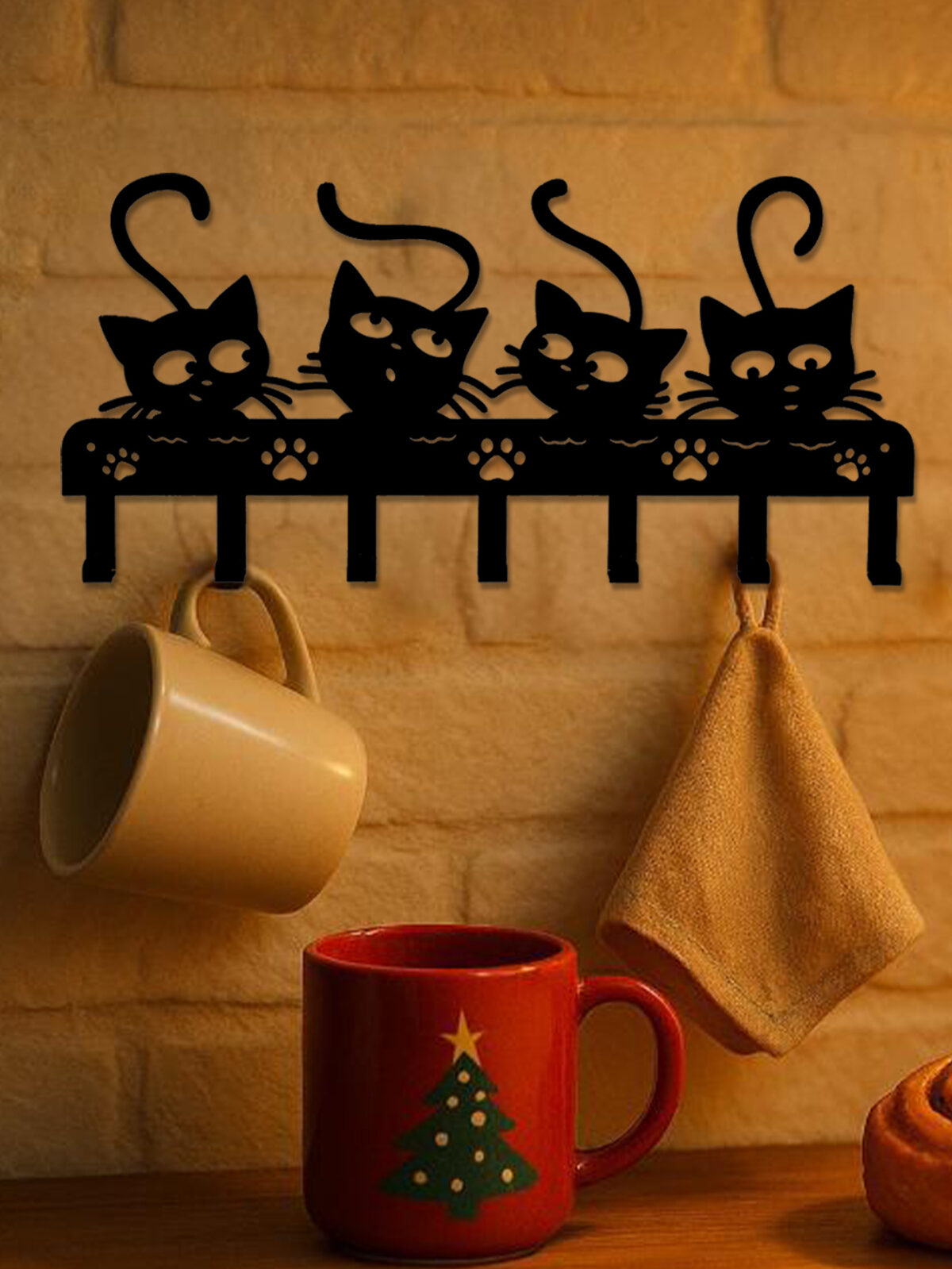 1pc Black Cats Wall Hooks Key Holder W 7 Hooks - Black Iron Wall-Mounted Rack - Image 4