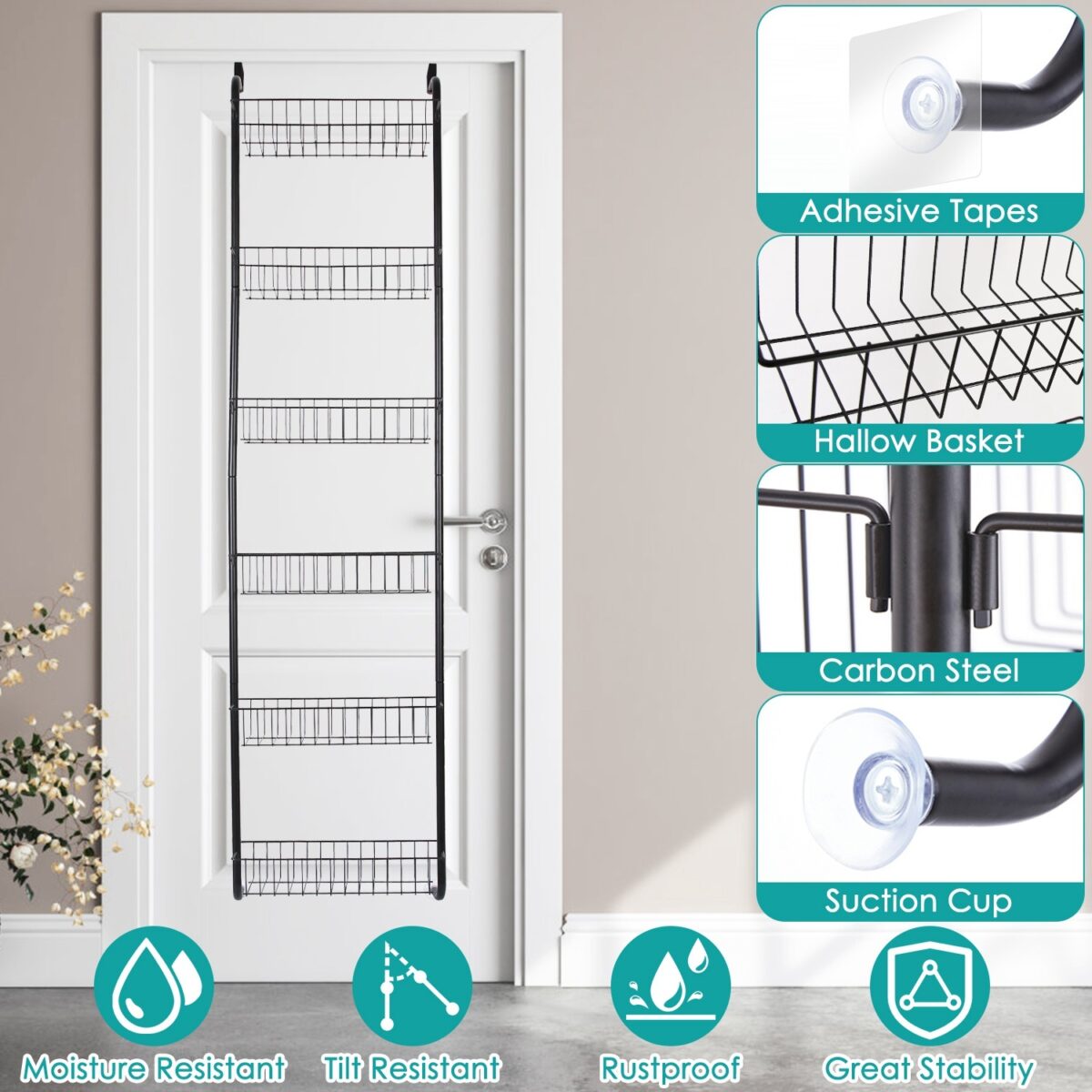 1Pc 6 Tier Over Door Pantry Organizer Hanging Hooks Door Storage Rack Carbon Steel Basket 62.99in Over Door Shelf For Kitchen Bathroom - Image 4