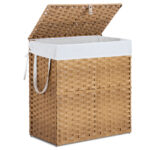 Laundry Basket With Lid, 110 L Hand-Woven Pp Rattan Laundry Basket With Compartments & Handles, Foldable, Removable Liner - Image 6