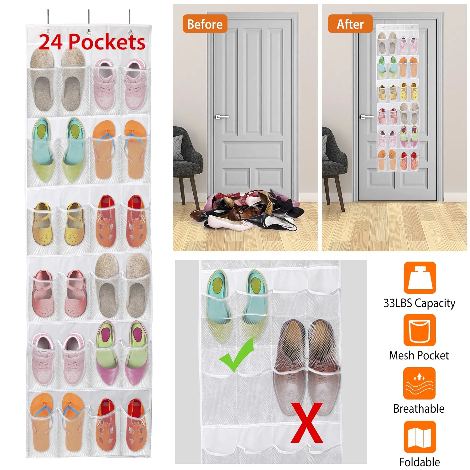 90445539-9e3a-41fb-82d7-3d08839bb2b4.jpg 1Pc Over The Door Shoes Rack 24-Pocket Crystal Clear Organizer 6-Layer Hanging Storage Shelf For Shoes Slippers Small Toys Closet Cabinet - Image 1