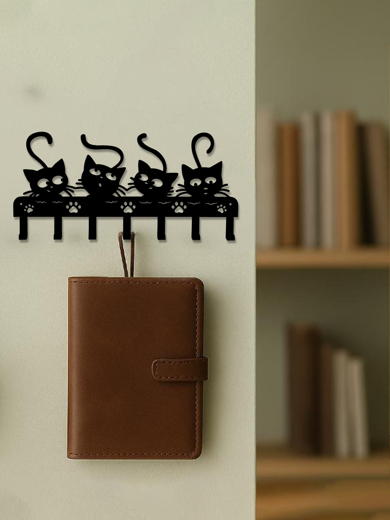 90b0601f-fb90-45ab-82bf-0f6291220b47.jpg 1pc Black Cats Wall Hooks Key Holder W 7 Hooks - Black Iron Wall-Mounted Rack - Image 1