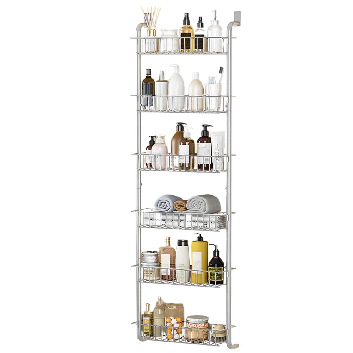 1Pc 6 Tier Over Door Pantry Organizer Hanging Hooks Door Storage Rack Carbon Steel Basket 62.99in Over Door Shelf For Kitchen Bathroom - Image 5