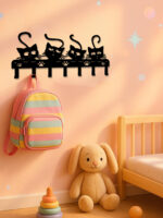 1pc Black Cats Wall Hooks Key Holder W 7 Hooks - Black Iron Wall-Mounted Rack - Image 2