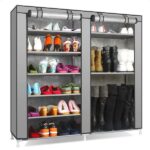 Double Rows Home Shoe Rack Shelf Storage Closet Organizer Cabinet Portable Cover Grey - Image 3