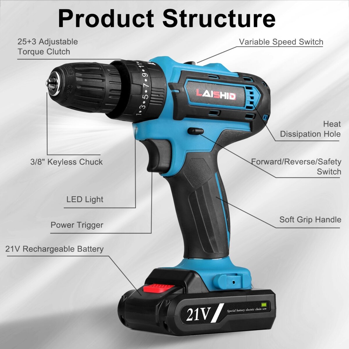1Pack 29 Pieces Cordless Drill Set With 2Pcs 21V Batteries And Charger 2 Variable Speeds Keyless Chuck 265lnLbs 25 And 3 Torque Positions Included 24Pcs Drill Bits For Home Car Repair Handmade - Image 5