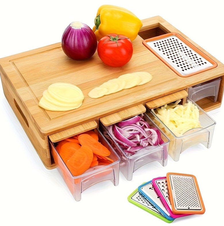 5950896a-35d9-4607-9913-92b7856c1c6d.jpg Bamboo Cutting Board With Drawer, Including 4 Vegetable Cutters, 4 Trays With Lids, Container And Vegetable Peeler Set, Cutting Board, Kitchen Bamboo Cutting Board - Image 1