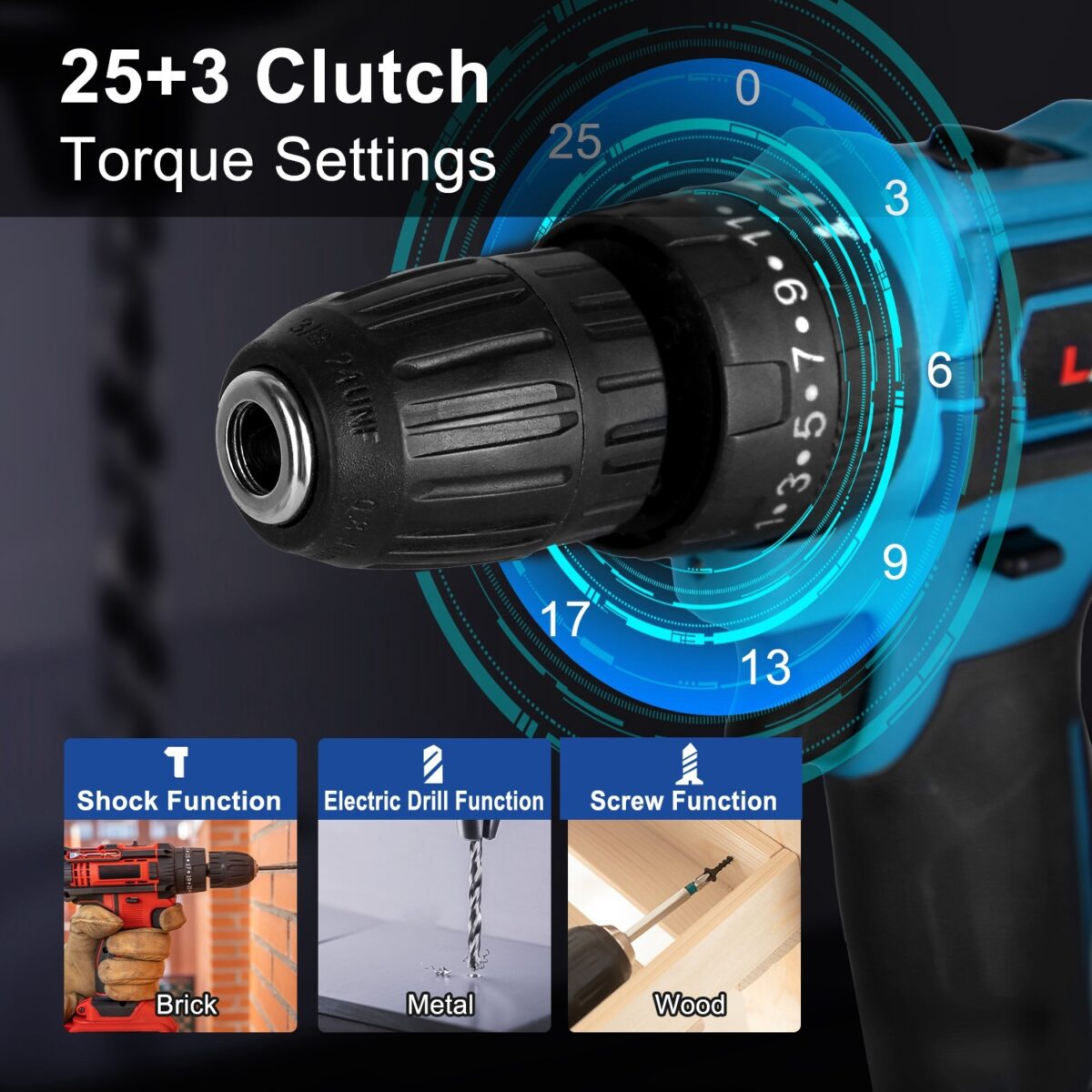 1Pack 29 Pieces Cordless Drill Set With 2Pcs 21V Batteries And Charger 2 Variable Speeds Keyless Chuck 265lnLbs 25 And 3 Torque Positions Included 24Pcs Drill Bits For Home Car Repair Handmade - Image 10