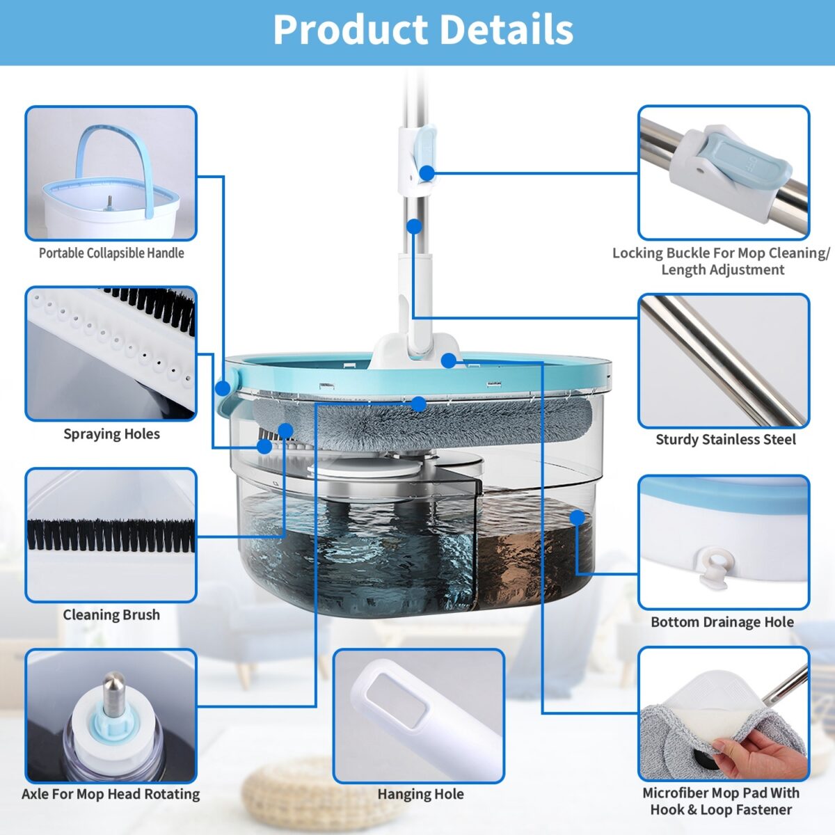 Spin Mop And Bucket With Wringer Set Flat Floor Mop With Clean And Dirty Water Separate System 2 Replaceable Reusable Washable Microfiber Mop Pads - Image 9