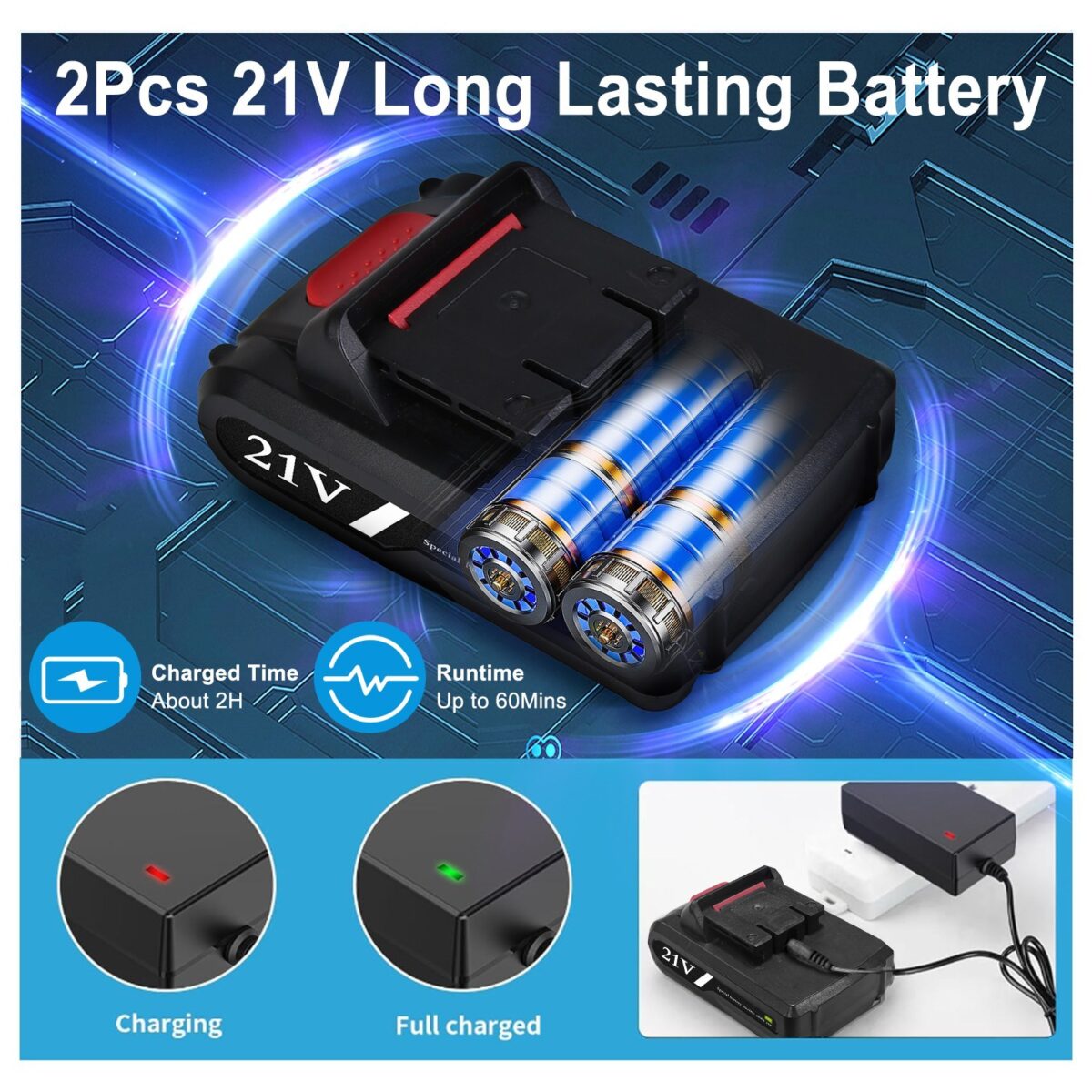 1Pack 29 Pieces Cordless Drill Set With 2Pcs 21V Batteries And Charger 2 Variable Speeds Keyless Chuck 265lnLbs 25 And 3 Torque Positions Included 24Pcs Drill Bits For Home Car Repair Handmade - Image 3